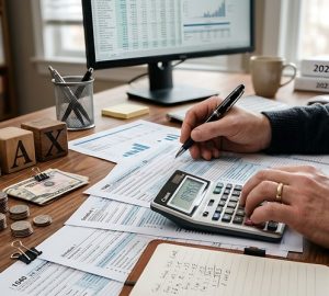 codice tributo 6781, uomo in ufficio che sistema le tasse e fa dei calcoli