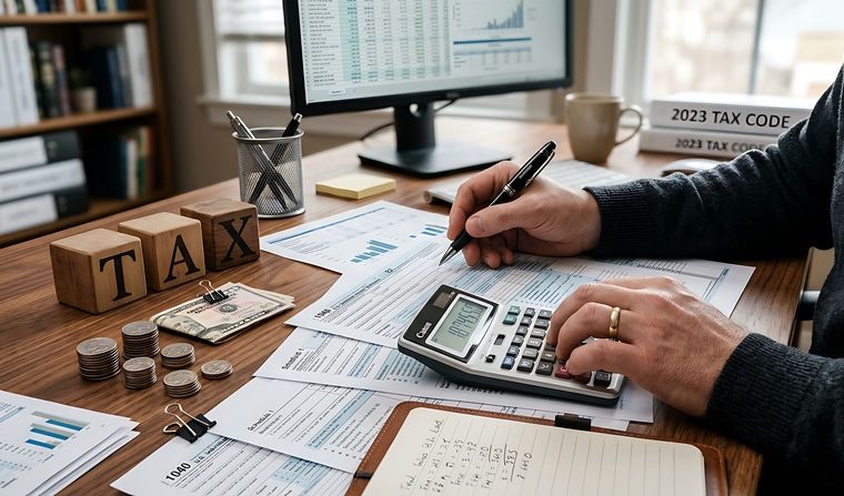codice tributo 6781, uomo in ufficio che sistema le tasse e fa dei calcoli